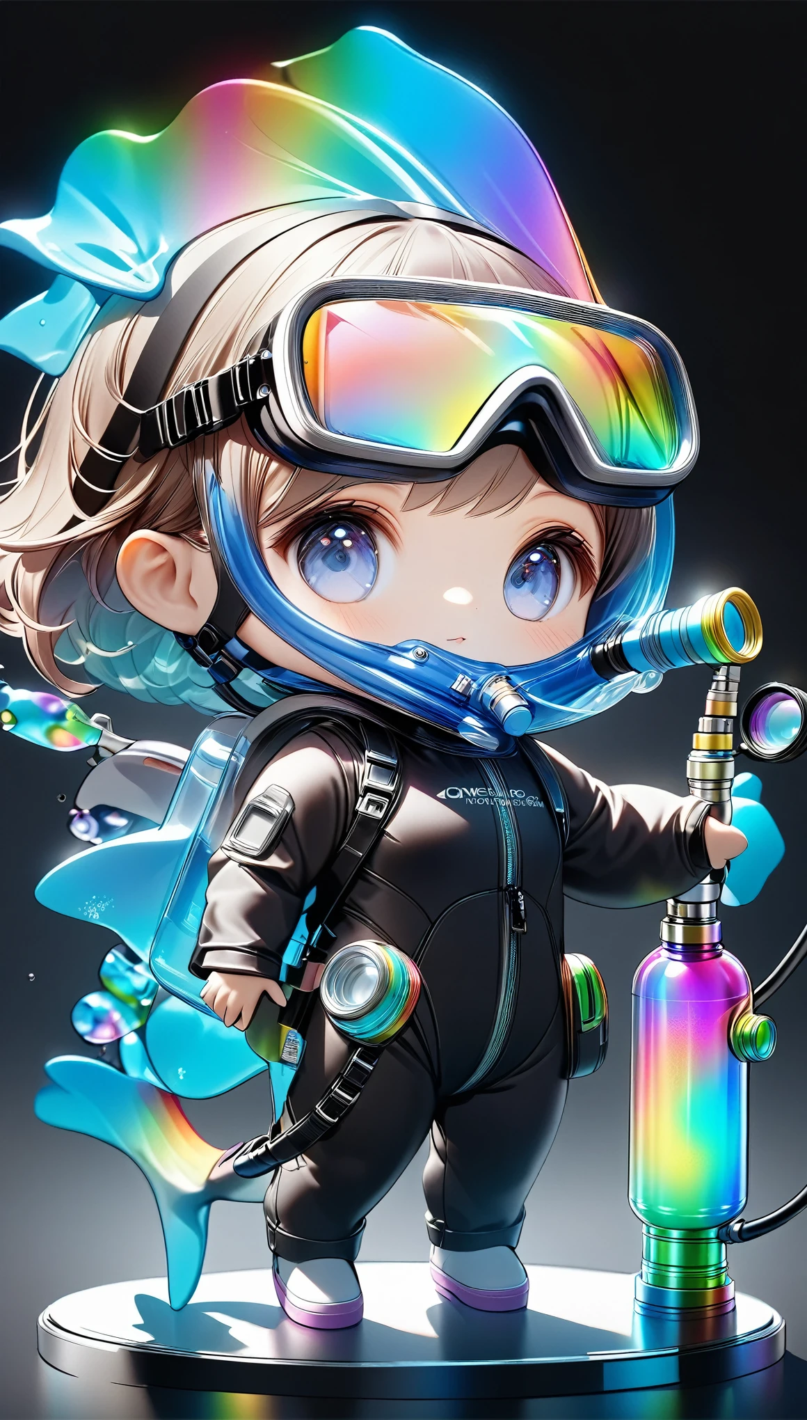(Miniature Photography:1.87), Cute minimalist art, 1 Girl, Chibi Cute Diver, Realistic dolphin costume, Holographic reflective snorkel, Rainbow oxygen tank, Transparent color gradient, Black background, ARW, Inspire creativity