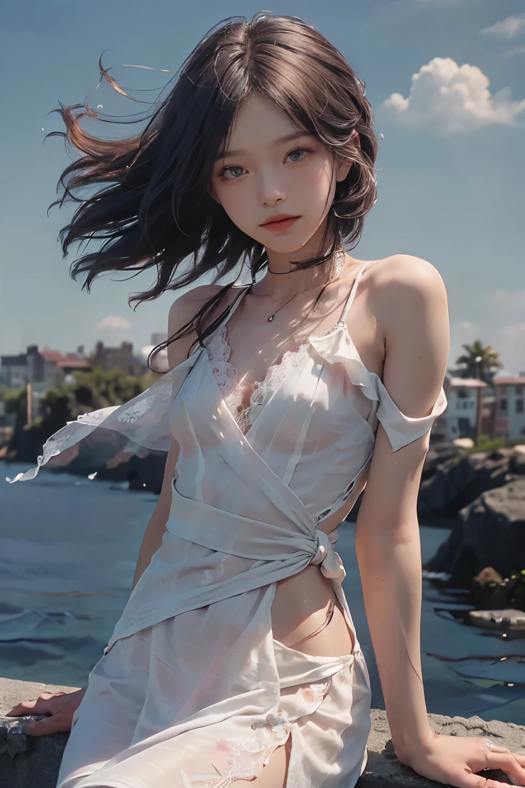 dress,fashi-girl, liuyifei, ((cowboy shot)), (best quality, masterpiece:1.2), ultra-detailed, (realistic:1.37), beautiful, youthful, glamorous model with (detailed eyes, detailed lips, extremely detailed eyes),   in a knee shot, with white and floral colors, showcasing a radiant smile, slender figure, long legs, creating a breathtaking depiction of a girl enjoying the sunshine, On the bow, leaning against the guardrail, looking into the distance
