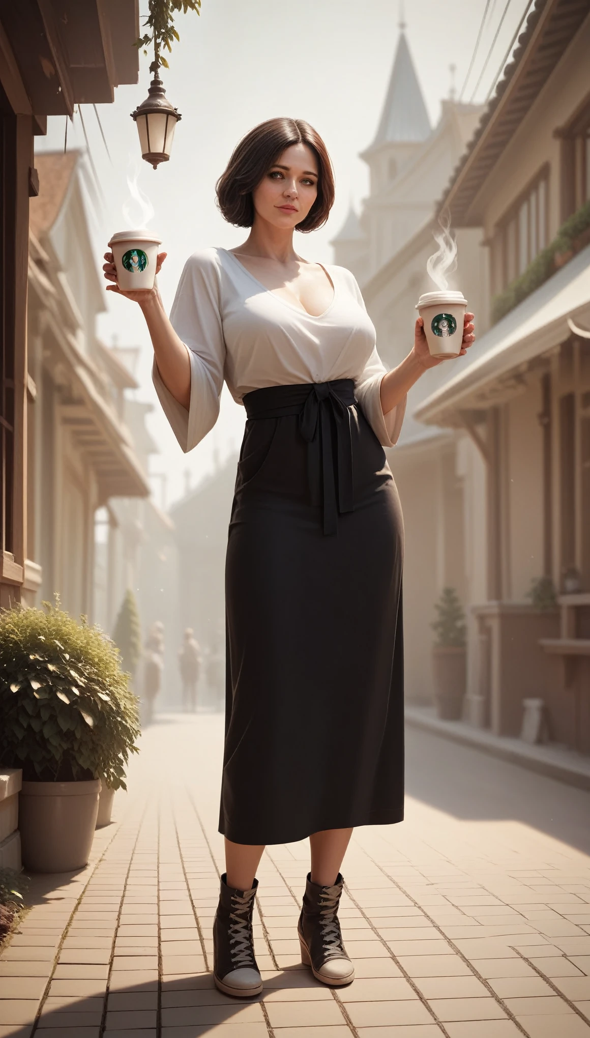 With a coffee cup in hand, Full body photo of a mature woman of Royal Sister, Realistic photo style, Best Quality, masterpieceHighly detailed, high quality, High resolution, 1 girl