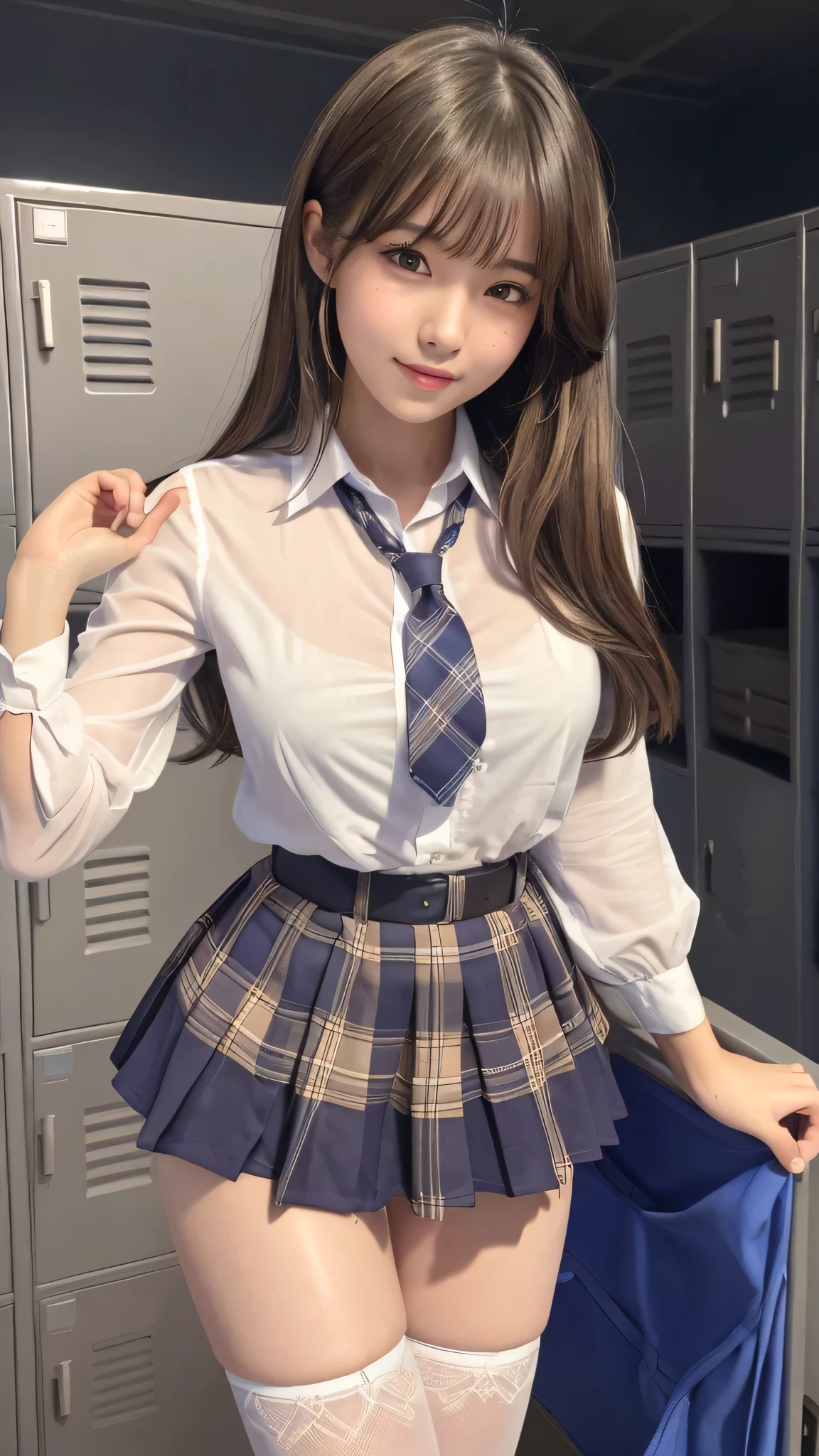 masterpiece of the highest quality,Very detailed,High resolution,(Realistic, photoRealistic:1.37),Excellent anatomy,Cowboy Shot,One beautiful woman,20 years old,: 152cm,High school girl,smile,Gravure idol, High school girlの,blazer,(shape),Checkered Pleated Micro Mini Skirt,Navy blue knee-high socks,Garter belt,Huge,Disheveled uniform,((Very delicate and beautiful)),((High school classroom:1.2)),((Locker Room:1.2)),((Schoolyard:1.2)),Brown Hair,Long Bob Hair,bangs,Very beautiful face,Cute type,Big, natural-colored lips,Small and cute nose,Big and beautiful eyes,Brown eyes,Obvious double,Sparkling highlight spots around the eyes,Character Focus Head Tilt,The best light,Best Shadow,Mysterious,Perfect Face,Very detailed, Soft Skin,(Glowing Skin, Sweaty: 1.3),Beautiful legs,Voluptuous thighs,Very well balanced body type,Hugeな胸,(Expresses the roundness and softness of the chest area..........1), Beautiful body,(Perfect Woman),Bold sexy pose,Gravure idolのポーズ