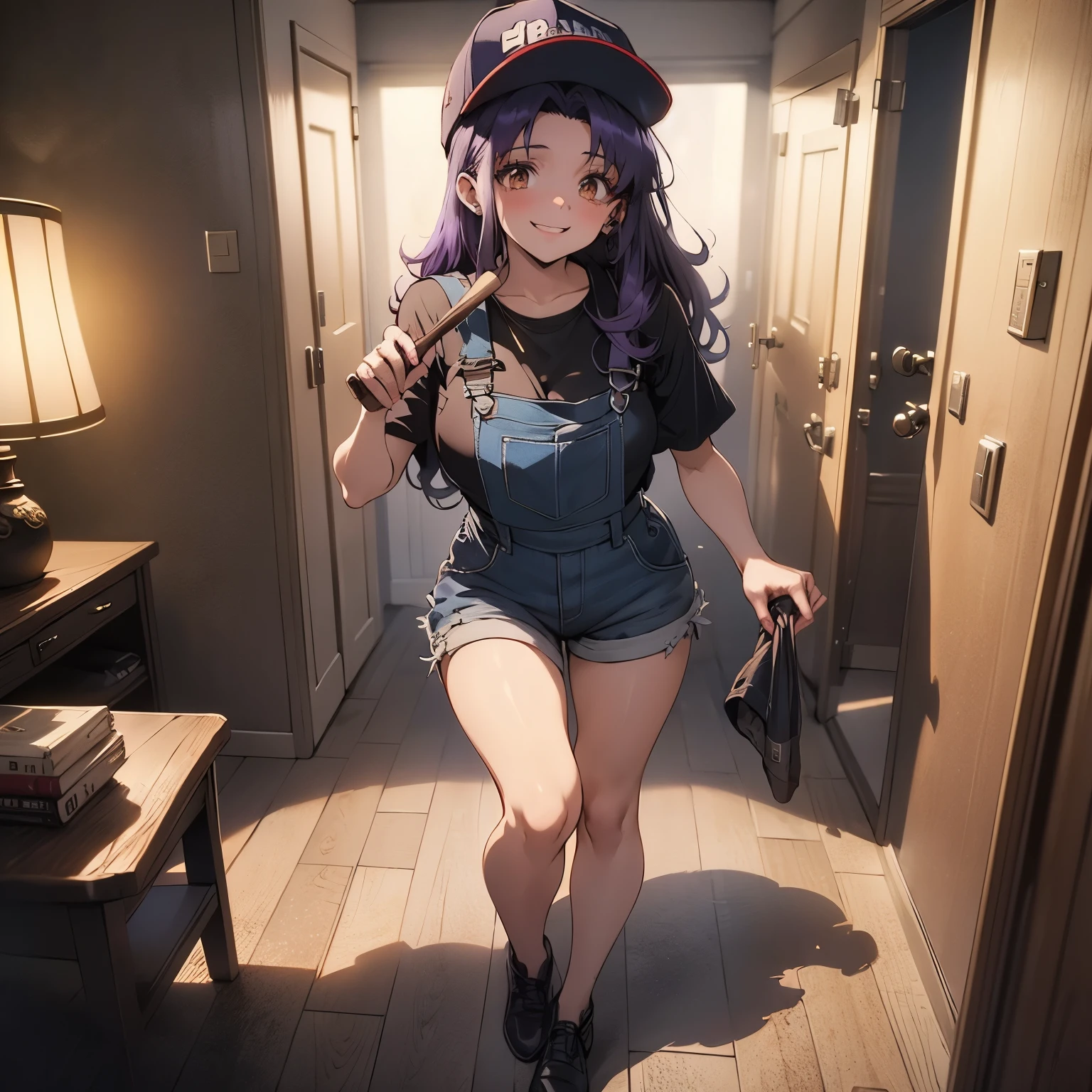(masterpiece), best quality, expressive eyes, perfect face, 4k, HDR, full HD, ((1girl)), solo, (purple hair), perfect anatomy, full body, flirty smile, woman's overalls, no blouse under the overalls, baseball cap, hair down, in one hand a brush with purple paint, an atmosphere of a bedroom being remodeled, many paint details and things to paint and touch up a room,