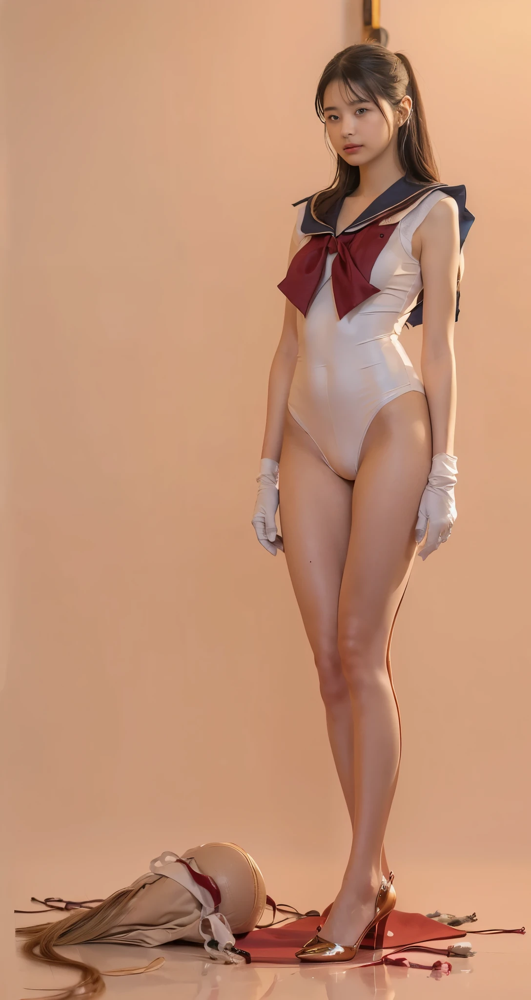 (Masterpiece), Photorealistic, cute frivolous and beautiful 18 years old woman , Bashful smile, ponytail, extreme high heels, Nikon D850, Film Stock Photography, 4 Kodak Portra 400 ,camera f1.6 lens, Cute sexy, nudist, small breasts, seductive look, pale skin, perfect anatomy, long black boots, white mittens, blindfold, Centered image, dynamic pose, provocative pose, Cinematic, 8K resolution, elegant, approaching perfection, Depth of field, Film grain, Highly detailed, Stunningly beautiful