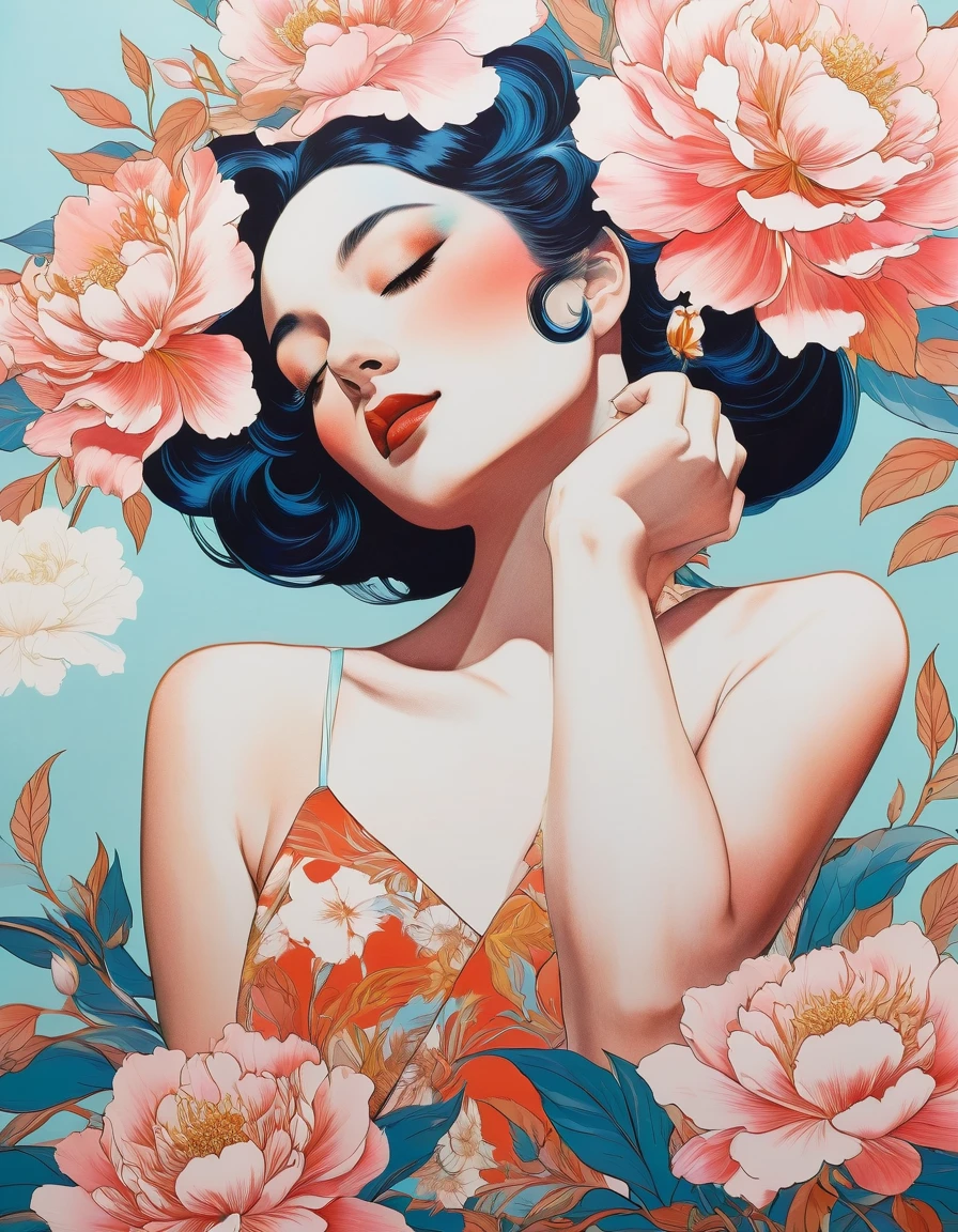 movie poster art for sensual illustration of an elegant , retro and vintage ,silky flower around body, matte painting, by Hannah Dale, by Harumi Hironaka, extremely soft colors, vibrant, pastel, highly detailed, digital artwork, high contrast, dramatic, Blue and white porcelain