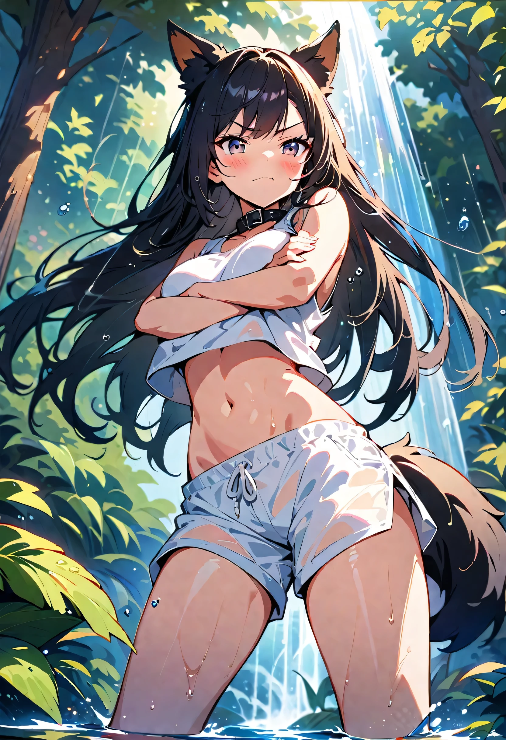 cute dog girl, nsfw, (((showering in a waterfall))), (((big oversized white shorts))), (((no top))), (((((taking off shorts))))), ((((undressing)))), ((((((facing away)))))), (((((((viewed from behind))))))), ((((((((bending far over)))))))), ((((ass up)))), (((grey eyes))), (((focal point))), ((full body shot)), ((dynamic angle)), (((long hair))), (black hair, wet and shiny), (((dripping wet body))), (dog ears), (dog tail), (black dog collar), ((detailed water droplets, sunlight filtering through trees)), ((dynamic and beautiful lighting)), BREAK, masterpiece, UHD, detailed and high quality, serene atmosphere, vibrant colors, flowing water, detailed background, intricate details, natural beauty