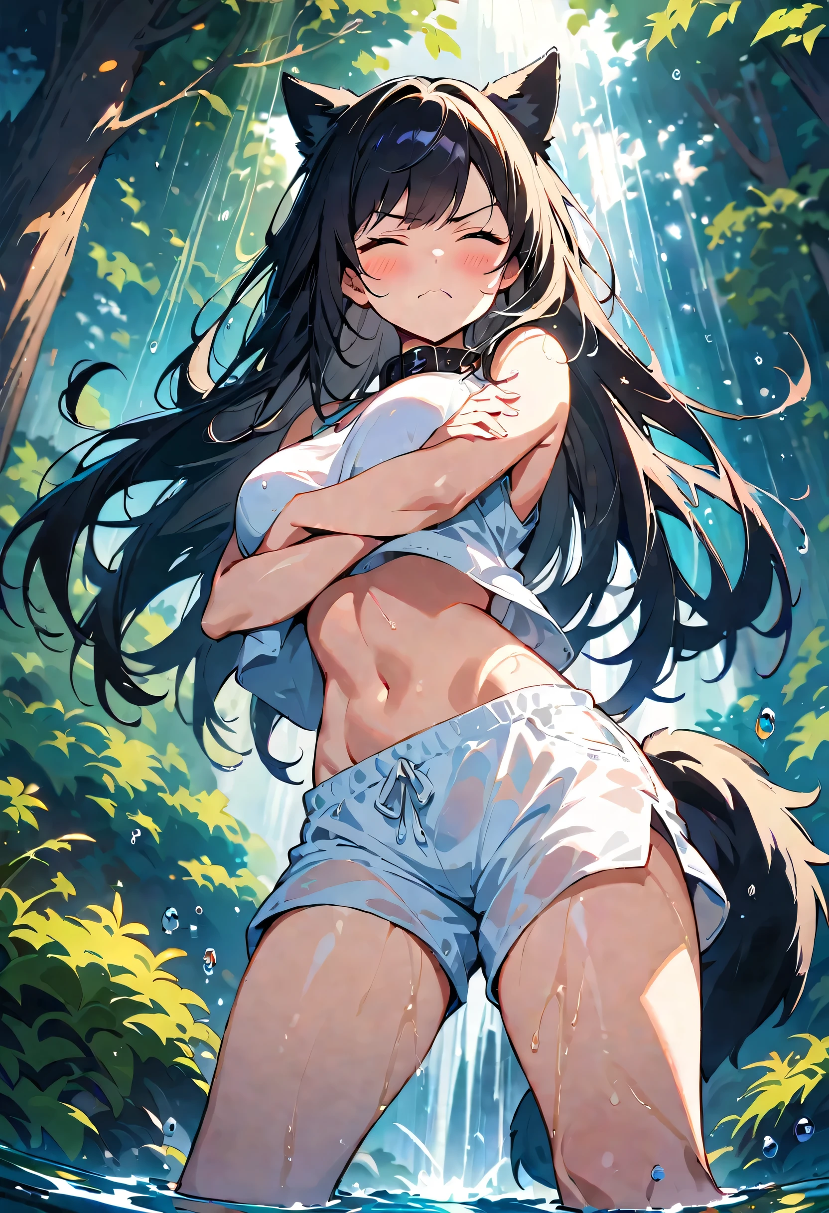 cute dog girl, nsfw, (((showering in a waterfall))), (((big oversized white shorts))), (((no top))), (((no shirt))), (((((hands covering breasts))))), (embarrassed expression), (((grey eyes))), (((focal point))), ((close-up full body shot)), ((dynamic angle)), (long black hair, wet and shiny), (((dripping wet body))), (dog ears), (dog tail), (dog collar), ((detailed water droplets, sunlight filtering through trees)), ((dynamic and beautiful lighting)), BREAK, masterpiece, UHD, detailed and high quality, serene atmosphere, vibrant colors, flowing water, detailed background, joyful mood, intricate details, natural beauty