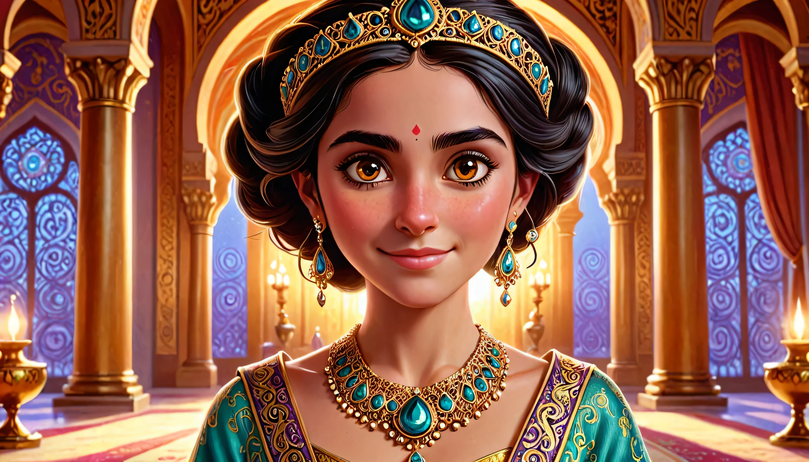 A highly detailed image in the Pixar animation style of a young woman named Ester. Ester is in her mid-20s, with a delicate and beautiful face, dark hair that flows down her back, and large expressive brown eyes. She is dressed in luxurious Persian royal robes made of fine fabric, adorned with intricate golden patterns and jewelry. Her posture is regal but gentle, reflecting her humility. She wears a soft, warm smile, but there is strength and determination in her gaze. The background is a royal palace interior with soft lighting, reflecting the grandeur of the Persian empire.
