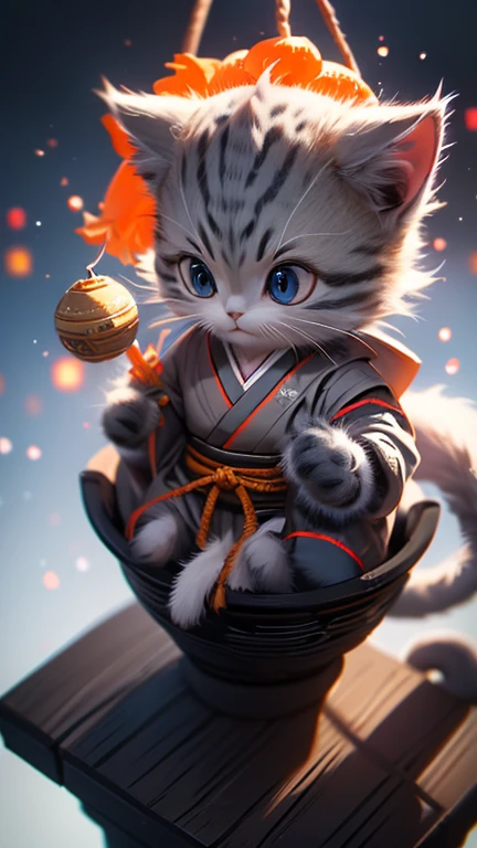 ((Gray kitten)), Has big blue eyes, ((Just grey fur)), Dragon Ball, On Planet Namek, Capsule Corporation, Dragon Ballシリーズの戦闘服, ((Orange kimono)), Dragon Ball, Swing your legs in the air, Curved Pata, Focused, beautiful, Adorable eyes, Depth of written boundary, dreamer, ArtStation Trends, Depth of written boundary, Bokeh, Chromatic Aberration Effect, beautiful cat