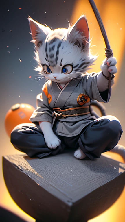 ((Gray kitten)), Has big blue eyes, ((Just grey fur)), Dragon Ball, On Planet Namek, Capsule Corporation, Dragon Ballシリーズの戦闘服, ((Orange kimono)), Dragon Ball, Swing your legs in the air, Curved Pata, Focused, beautiful, Adorable eyes, Depth of written boundary, dreamer, ArtStation Trends, Depth of written boundary, Bokeh, Chromatic Aberration Effect, beautiful cat