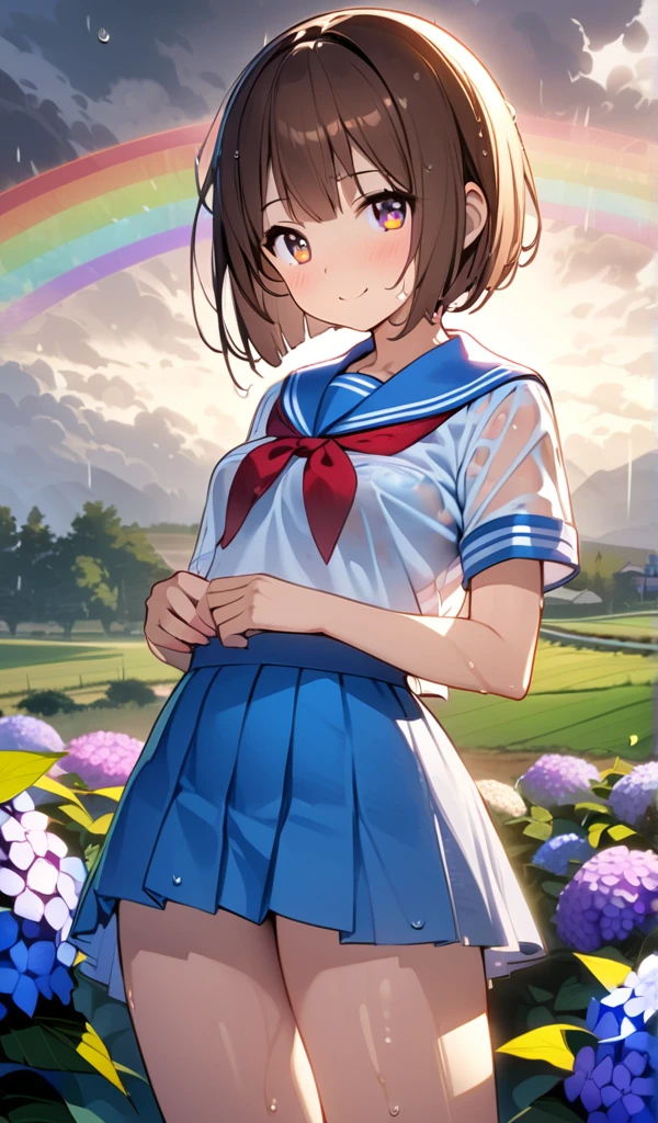 (One Girl),(Best image quality, 8k, Anatomically correct),((Brown Hair,Bobcut:1.1)), (Cute eyes, Dark Eyes,Shining Eyes), (thin), (Mid-chest),(Slim body),(Glowing Skin:1.1),(Healthy skin color:1.2),(Great atmosphere),Ultra-high resolution, Textured skin, Heart Effect,i love you,

Rural landscape,Hydrangea,Hydrangea畑,rain,Grey Clouds,rainbow,

High school girl,Sailor suit,skirt,Wet clothes,Wet body,

smile, Open your arms,

Low angle,


