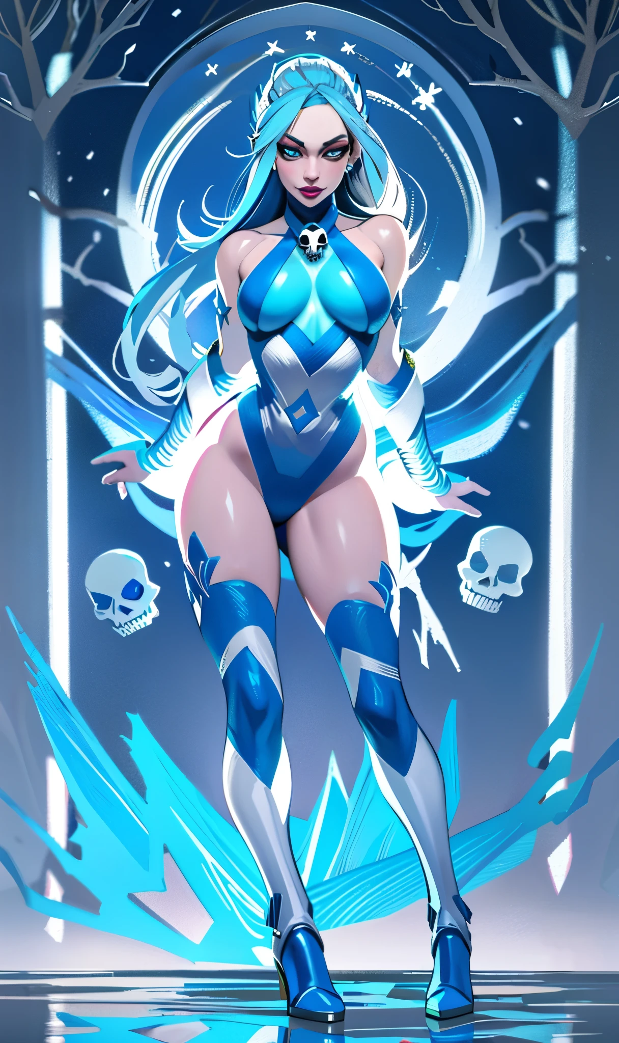 (best quality, highres, ice skull:1.1), ice skull, girl style, thick body art, detailed facial features, icy blue eyes, glossy lips, long eyelashes, porcelain skin, blue and silver color scheme, intricate skull design, realistic texture, vibrant colors, elaborate background, mysterious atmosphere, frozen garden, snow-covered trees, sparkling ice crystals, surreal lighting, fantasy elements
