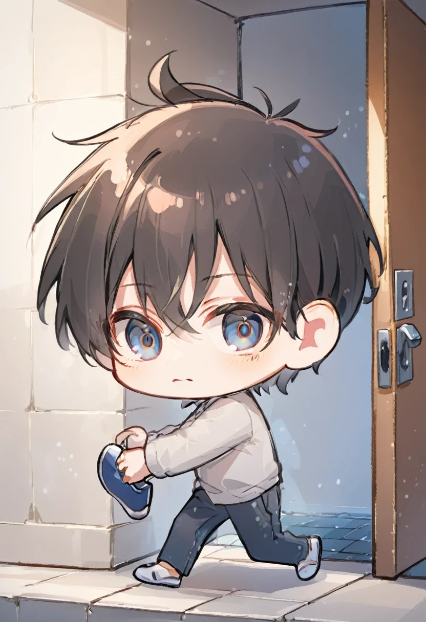 chibi,Boy at the entrance, standing, taking off his shoes, bending his right knee, taking off his shoes with his right hand, turning his upper body slightly