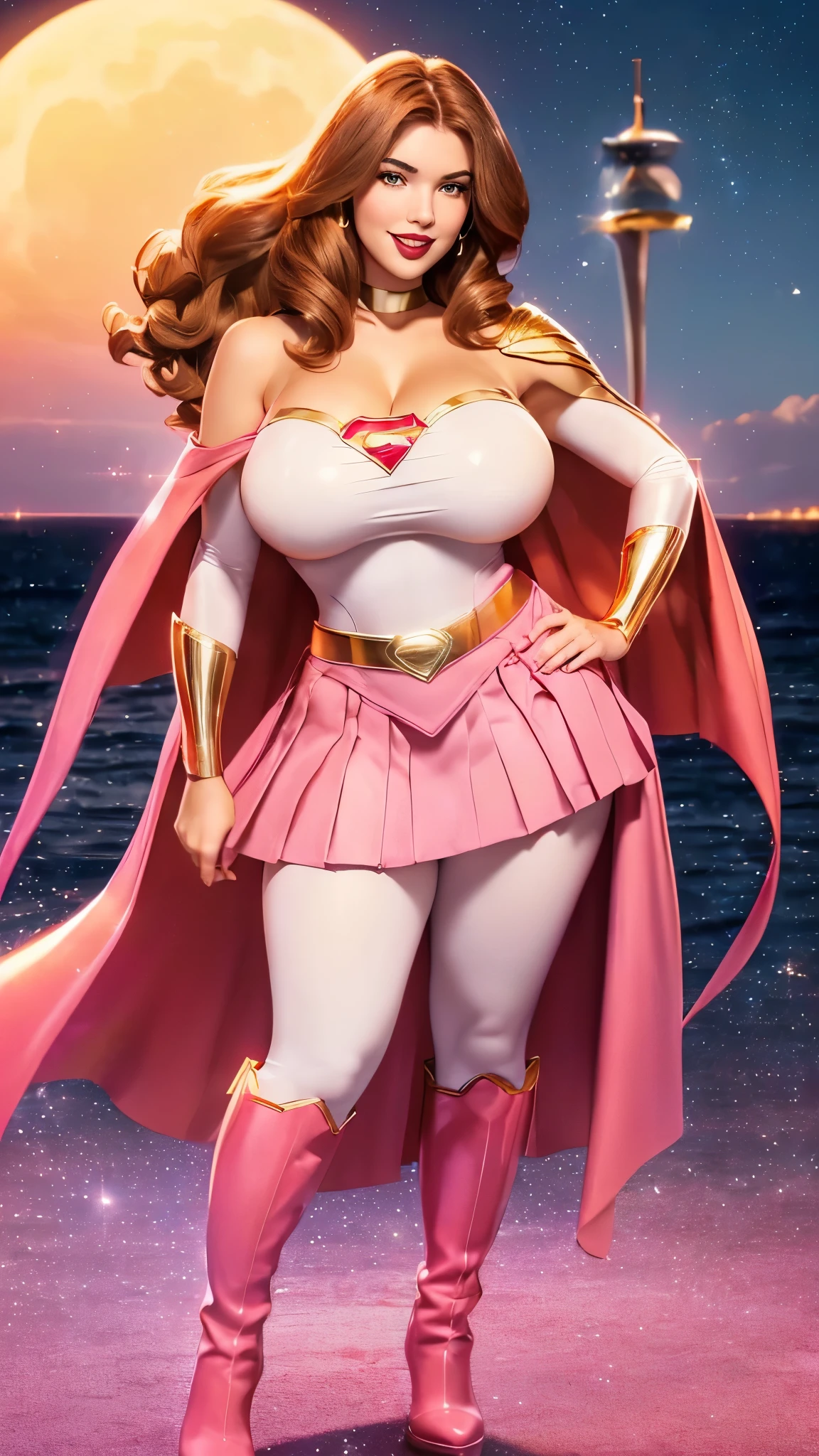 wondergirl, DisneyAurora, (((Anne Hathaway:Selena Gomez:0.7))) full body view Beautiful woman (((shoulder length wavy reddish blonde hair, hair pulled back))) defined body, (MILF, BBW, voluptuous, very full figure, curvy, chubby, very soft, very thick, big breasts, sexy, sexy pose, fat thighs, thick waist, flat belly, hourglass, plump) Red lipstick, hands free, mouth slightly open, smiling, standing facing camera, voluptuous physique that accentuates her hourglass illustration. Emphasizes plump breasts and bulges,  ((( tight white shining top of SUPERGIRL, gold belt, white pleated skirt, pink boots, flowing pink cape )))  (((moonlit deck of a luxury cruise ship at night)))