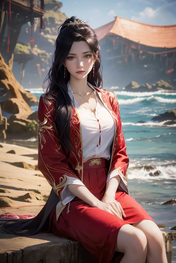 (RAW photo, best quality), (realistic, photo-Realistic:1.3), best quality, masterpiece, beautiful and aesthetic, 16K, (HDR:1.4), (vibrant color:1.4), ultra realistic illustration, full body view, beauty girl, fantasy realistic art, sesious face, perfect body, yun yun, btth, black hair, long hair, brown eyes, hair ornament, white shirt, red skirt, sit on beach