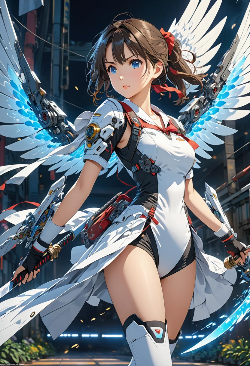 (highest quality)), ((masterpiece)), (very detailed: 1.3), 3d, {(japanese young girl)}, ((wears a futuristic Gundam mecha)),(Gundam), with headgear, with v-fin , ((unarmored cleavage)), ((unarmored stomach)), ((unarmored upper arms)), ((unarmored face)), (unarmored hands), (unarmored waist), ((unarmored thighs)), (unarmored ankles), japanese girl wear light blue and white striped pantie under armor, multilayer textureperfect proportions, octane rendering, duotone lighting, Low ISO, wide aperture, White balance, Rule of thirds, ultra HD16k, HDR (High Dynamic Range), Ray Tracing, nvidia RTX, Super Resolution, Subsurface Scattering, PBR Texturing, Post Processing, Anisotropic Filtering, Depth of Field, Maximum Clarity and Clarity, High efficiency subpixel, subpixel convolution, particles of light, light scattered, Tyndall effect, full body:1.5, battle pose, cute, (cute:1.2), (bob cut:1.3),Braid, Black Hair, Thick eyebrows, Light-colored irises, Big, bright black eyes, Long eyelashes, Small, light-colored, natural lips, (Average face of Japanese idols), (The uniquely Japanese childlike face:1.3), (baby face), Wide forehead:1.2, Plump Cheeks, Small jaw, open legs, spread feet, visible side boob, (Mecha Wing), (have gundam style weapon:1.2), Has a large shield, asymmetric body,destroyed city background,looking at viewer,Focus on the eyes,with sleek and menacing design,