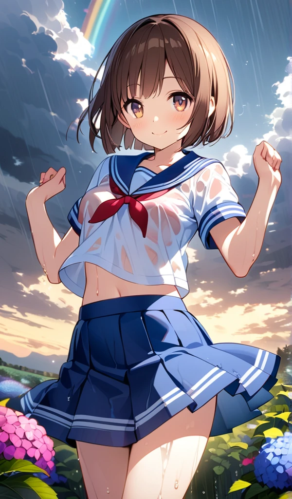 1 female,black hair,(()),(((White and blue short sleeve gym clothes and shorts)))(((blush、open mouth smile)),(((Yuki Mikan))),crowd(baby girl bohape)(((small breasts)))look back,((wet with sweat))outdoor playground,Mansuji