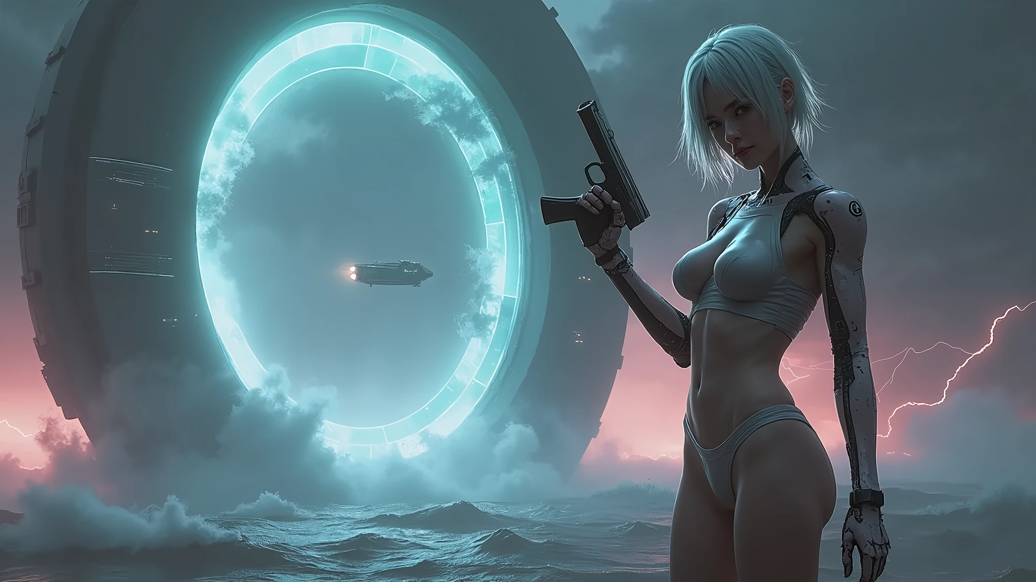 a woman holding a gun in front of a star wars scene, cyberpunk art by Adam Rex, cgsociety, retrofuturism, reimagined by industrial light and magic, futuristic, sci-fi