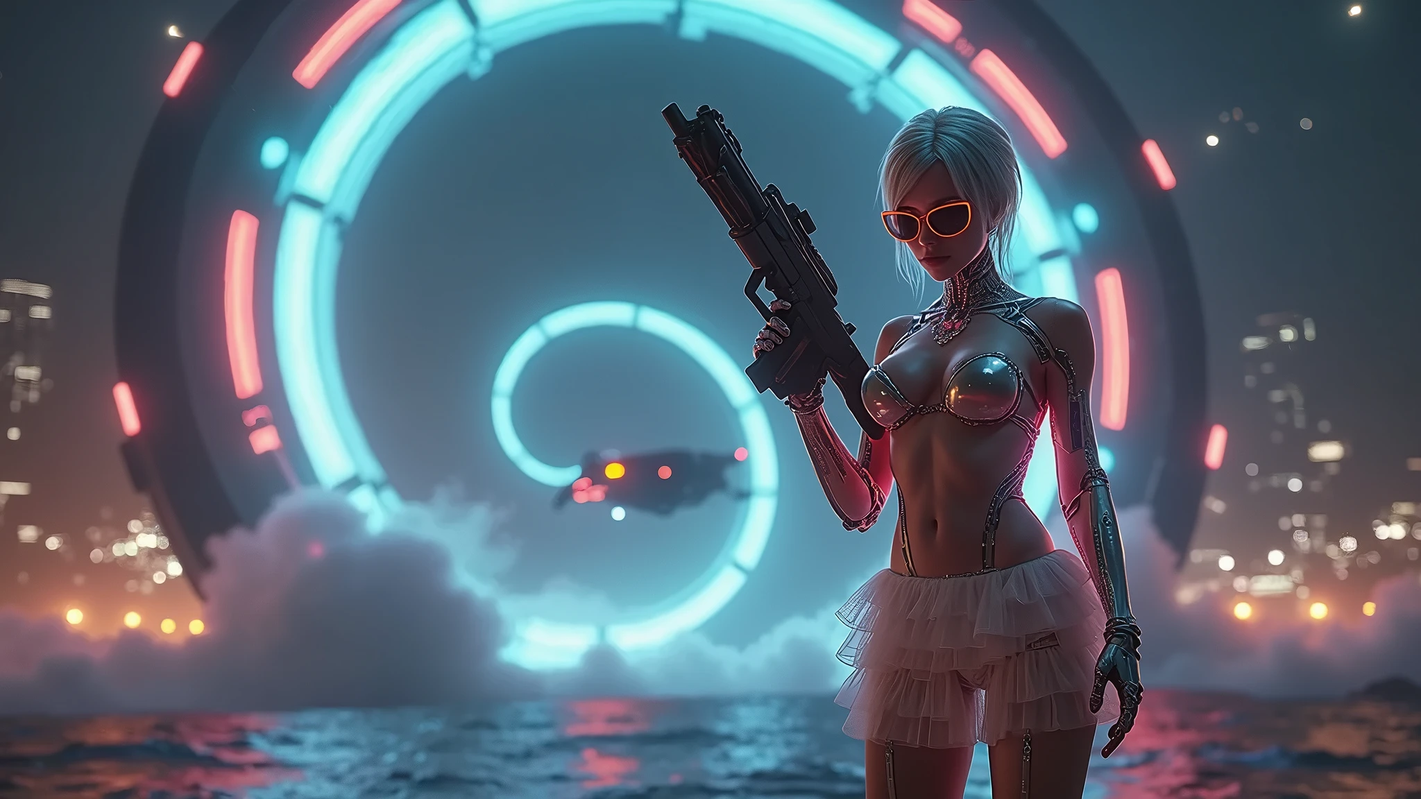 (((a large-breast bikini slim GIRL with black (micro) sunglasses))), (((((aiming at viewer with a pistol))))), a balcony of a futuristic building, aerial view of an ultra-futuristic megalopolis, metal buildings and houses in dark colors from dark blue to black, shades of metal gray, smoky metal structures, industrial environment with smoke and fog around, dark cars on the streets, desert megalopolis, modern metal rails and trains passing through, tall futuristic metal buildings, ultra modern buildings, (((((futuristic aircraft carrier))))), realistic, detailed, sci-fi.