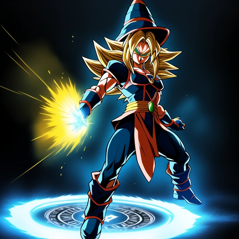 
dbz style, (extremely detailed CG unity 4k wallpaper),(masterpiece),(ultra quality),(ultra-detailed),(best illustration),(best shadow),(absurdres),masterpiece, best quality, cinematic light, 1girl, angry, dark magician girl, blonde hair, blue headwear, blue footwear, duel monster, hat, hexagram, long hair, looking at viewer, magic, magic circle, glow, glowing, glowing particles, sparks, saiyan's aura, wizard hat, yu-gi-oh!, dynamic pose, serious 