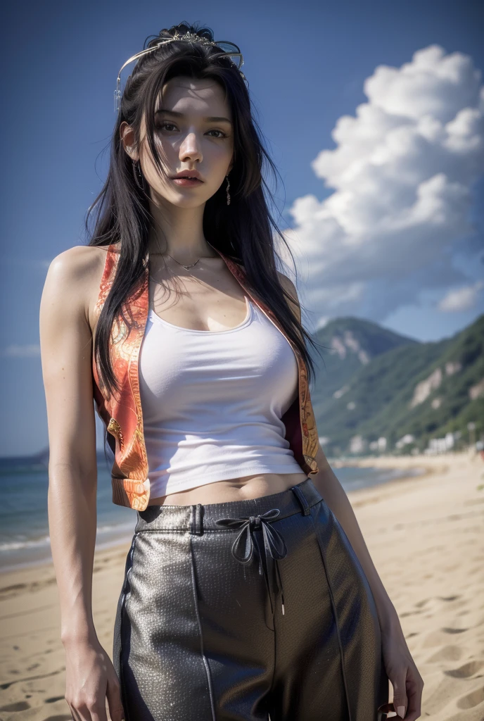 (RAW photo, best quality), (realistic, photo-Realistic:1.3), best quality, masterpiece, beautiful and aesthetic, 16K, (HDR:1.4), (vibrant color:1.4), ultra realistic illustration, full body view, beauty girl, fantasy realistic art, sesious face, perfect body, yun yun, btth, black hair, long hair, brown eyes, hair ornament, wear a tanktop and mini pant, walk on the beach