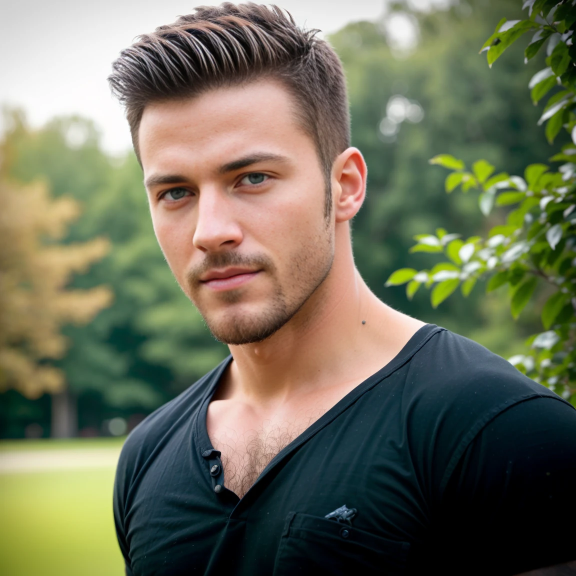 1man, a Medium Close Up shot of a charismatic male fitness model, 30 years old，small beard, Sexy and charming expression，gloomy eyes，Blue eyes, smiling at camera, captured in a park, wearing a black shirt, soft natural lighting, cinematic and moody, (best quality,4k,8k,highres,masterpiece:1.2),ultra-detailed,(realistic,photorealistic,photo-realistic:1.37),HDR,studio lighting,professional,vivid colors,dramatic lighting