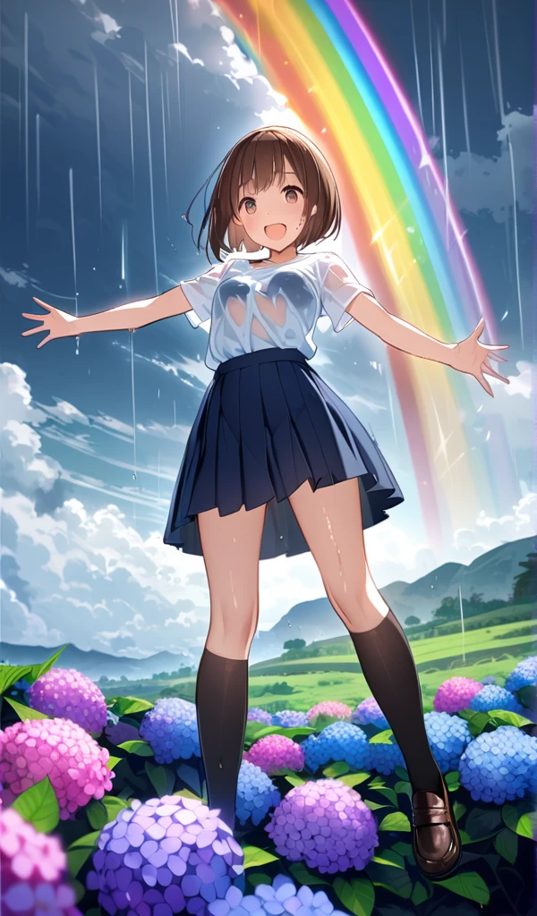 (One Girl),(Best image quality, 8k, Anatomically correct),((Brown Hair,Bobcut)), (Cute eyes, Dark Eyes,Shining Eyes), (thin), (Mid-chest),(Slim body),(Glowing Skin),(Healthy skin color),(Great atmosphere),Ultra-high resolution, Textured skin, Heart Effect,i love you,

Rural landscape,Hydrangea,Hydrangea畑,rain,Grey Clouds,rainbow,

High school girl,White blouse,Navy Blue Skirt,Navy blue ribbon,Black knee-highs,Black Loafers,

Wet clothes,Wet body,Sweat looks fun,Open your arms,Jump,smile,Open your mouth,

Low angle,


