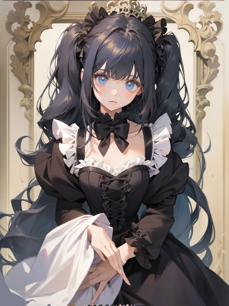 (masterpiece, top quality, very aesthetic, 4k、illustration), intricate detail, 1woman,solo,contrapposto 、from side、(gradient eyes、tareme)、Strong glowing eyes、blunt bangs,Fair skin,(cowboy shot)、half closed eyes、cold face、Cold Stare、(Blue lipstick),beautiful face、Blushing,(gradient hair)、multicolored hair,middle hair,sidelock ,blue　eyes、Shoulderless gothic lolita dress、medium breasts、slender 、
