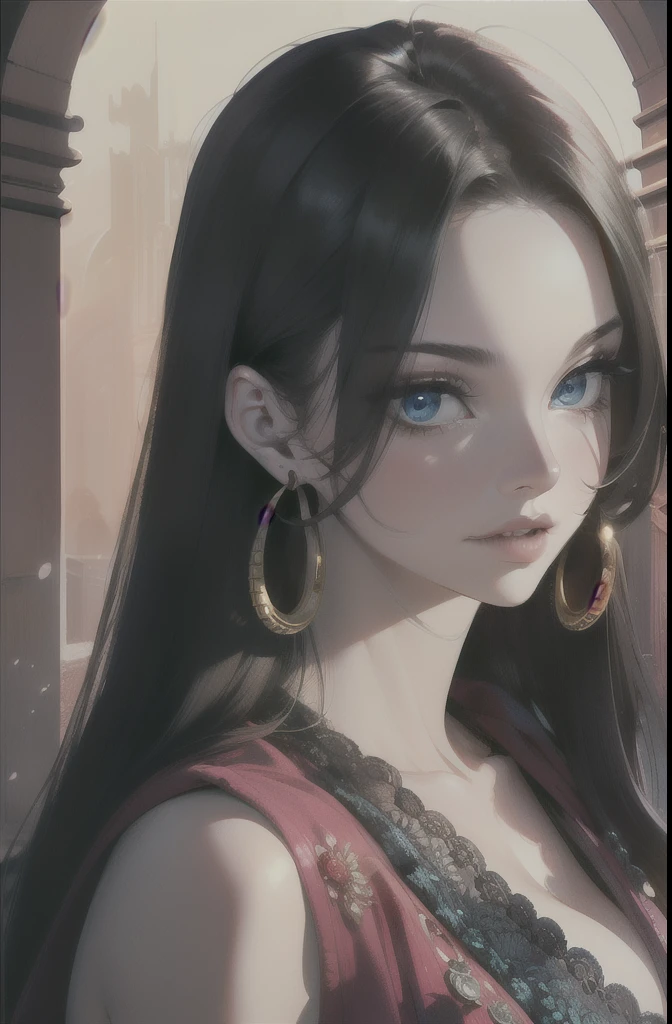 ultra realistic 8k cg, masterpiece, ((ultra detailed background, delicate pattern, intricate detail, highly detailed, fine details best quality, hyperdetailed face)), gigantic breasts ,cleavage, beautiful lighting, absurdres, BoaHancockV2, 1girl, solo, black hair, long hair, jewelry, smiling mouth, ), (arabian dancer outfit,crop top, earrings, blue eyes, complex detailed background, inside, luxury palace), ((cowboy shot)), curvy