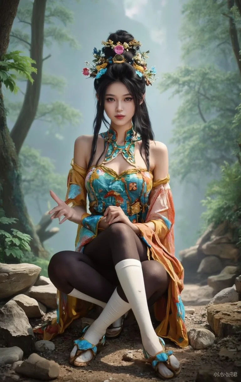 ((maximum quality, full body, hyper-realistic, 16k, high definition, detailed detailed piece)) master piece, a beautiful young indigenous Japanese woman, Ainu, 18 years old, black hair, very hot, horny, attractive, full lips, thighs thick, beautiful eyes (very detailed), wears a bandana on her forehead, earrings, sexy tribal outfit made of animal skin, bare feet, she is sitting under a small waterfall, bathing her body (wet body) and smiling.