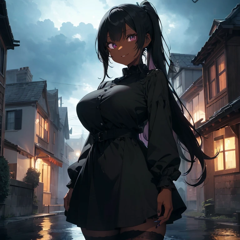 1 female, darker skin, huge breast, green long hair, black nails, black long sleeve dress, purple eyes, gothic house, dolls, happy face, glasses, dark sky, thunderstorm, rainfall, demons, witch, monsters
