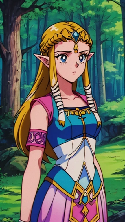 (Teens:1girl: princess zelda, twpr), (extremely detailed CG unit 8k wallpaper),(master part), (best quality), (ultra detail), (best illustration),(forest), cowboy shot, (Sharp eyeliner, ombre, detailed eyes:1), break wasteland, outdoor, ,break , (EPTakeuchiNaokoStyle, 1990s \(style\), anime screencap, retro artstyle, anime coloring, traditional media), upper body,