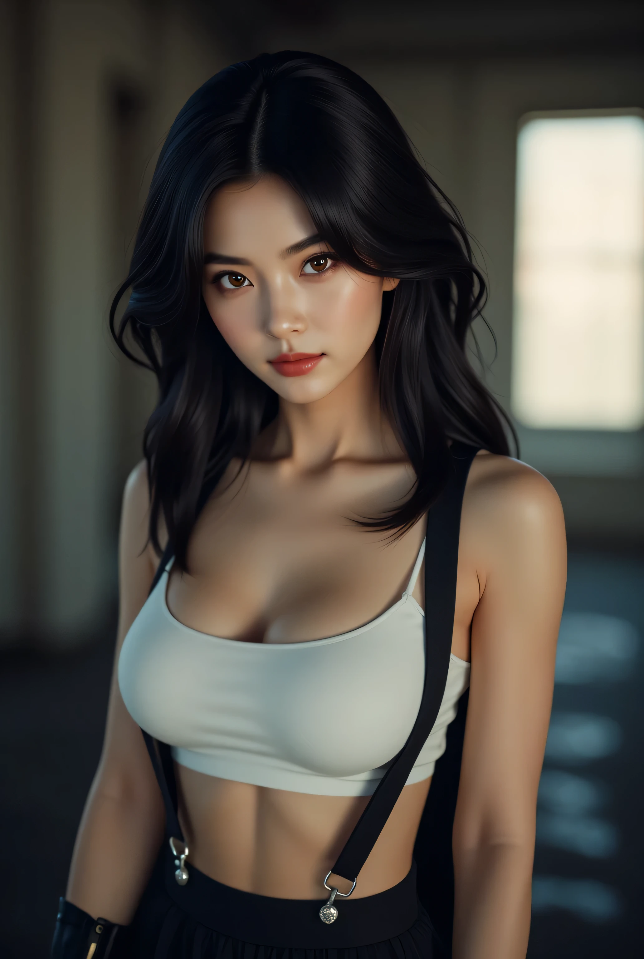 8k,masterpiece, Best Quality,big, (1 girl), Tifa Lockhart, red_eye, Black Hair, Long Hair, Shiny skin: 1.2, shiny big, ((Best Quality)), Sharp focus: 1.2, Highly detailed face and skin texture, detailed eye, Perfect Face, Perfect body, Blur the background, big with presence, 20 years old, A mature, cool and beautiful face, wear (Black Skirt, Black suspenders, Black elbow gloves,White Taut Shirt,Crop top,),Final Fantasy Tifa style:1.0