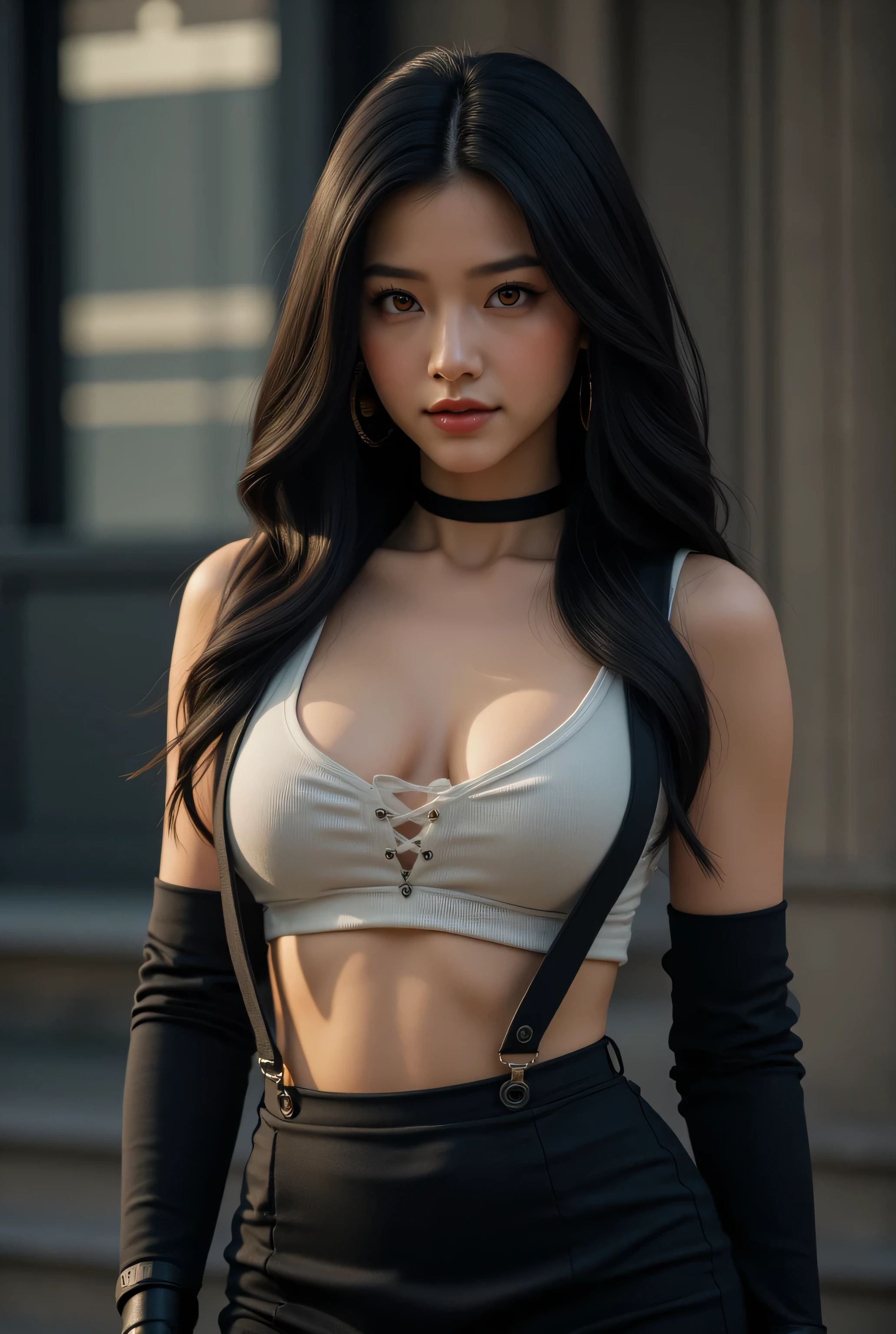 8k,masterpiece, Best Quality,big, (1 girl), Tifa Lockhart, red_eye, Black Hair, Long Hair, Shiny skin: 1.2, shiny big, ((Best Quality)), Sharp focus: 1.2, Highly detailed face and skin texture, detailed eye, Perfect Face, Perfect body, Blur the background, big with presence, 20 years old, A mature, cool and beautiful face, wear (Black Skirt, Black suspenders, Black elbow gloves,White Taut Shirt,Crop top,),Final Fantasy Tifa style:1.0