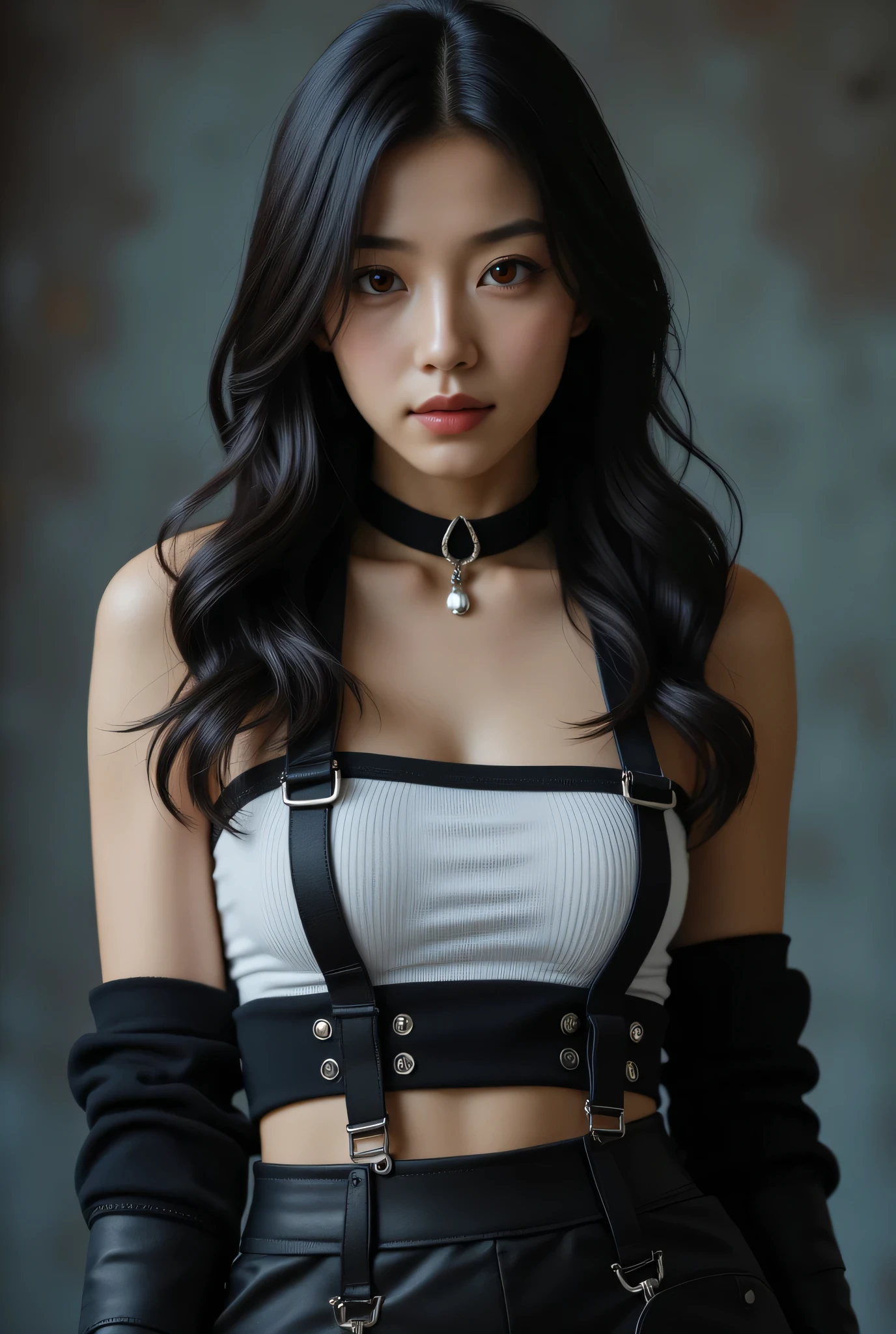 8k,masterpiece, Best Quality,big, (1 girl), Tifa Lockhart, red_eye, Black Hair, Long Hair, Shiny skin: 1.2, shiny big, ((Best Quality)), Sharp focus: 1.2, Highly detailed face and skin texture, detailed eye, Perfect Face, Perfect body, Blur the background, big with presence, 20 years old, A mature, cool and beautiful face, wear (Black Skirt, Black suspenders, Black elbow gloves,White Taut Shirt,Crop top,),Final Fantasy Tifa style:1.0