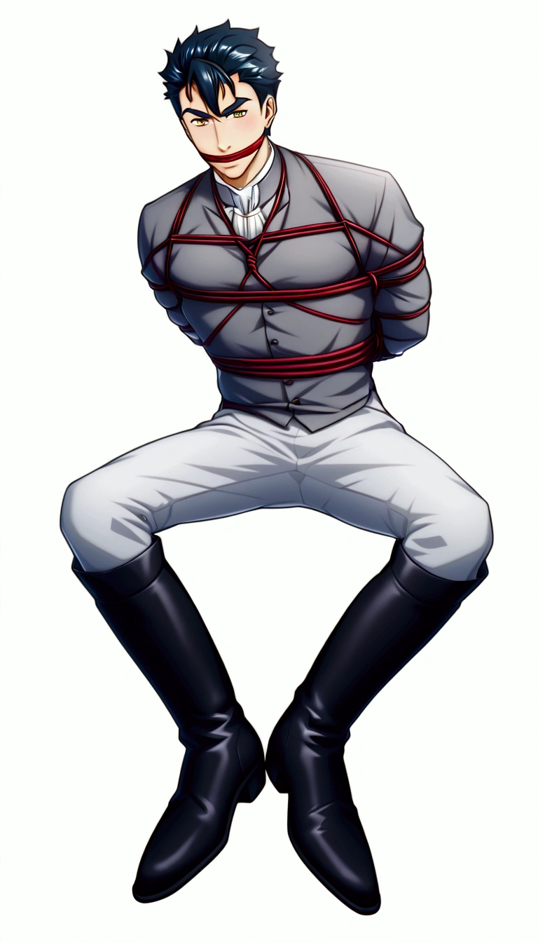 Handsome young man in a white pants and tall black Knee-high riding boots,naked upper body,naked upper， Tall riding boots,Handsome Prince , Gagged with tape ,Hanging with ropes, tightly tied up by many coarse red ropes, tightly tied with so many coarse red ropes，Hands tightly tied by many red ropes behind his back，Tied with so many red coarse ropes, Gagged with tape ,Knee-high riding boots,black gloves,Rich eye details, CG Rendering, Rich facial details, cool and handsome, High degree of completion,whole body,wearing a pair of tall black riding boots, Comb-over hairstyle
