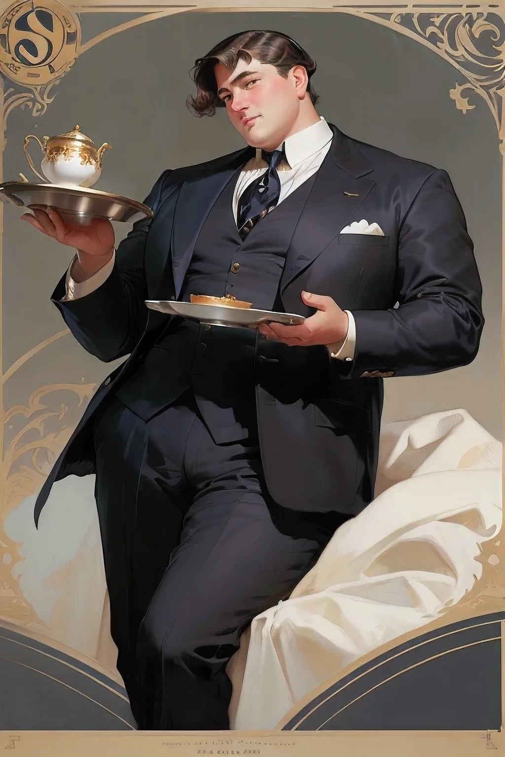 British. Handsome. Crooked lips, noble nose, large soft clean-shaven chin. Tall and full-figured, 250lbs. 40 years old. Dark blue eyes and tidy short dark hair. 1920s valet uniform, English Butler, perfect servant. Resembles young Stephen Fry portraying Jeeves. holding a tray with a tea pot, official character illustration, part leyendecker style, leyendecker style, highly detailed exquisite fanart, epic and classy portrait, official art, official character art, jc leyendecker and sachin teng, j. c. leyendecker 8 k