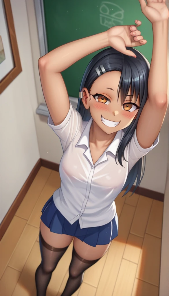 A thin female student with small breasts,nsfw,selfie,I'm with my friends,{I'm smiling a lot},peace sign,large crowd of people,classroom,ponytail,short bob