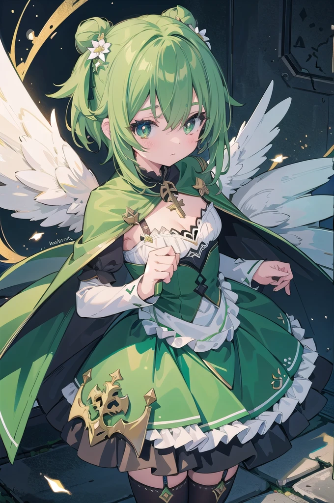 in a modern city, girl, short stature, elf ears, Emerald hair, Green Outfit, fights a demon