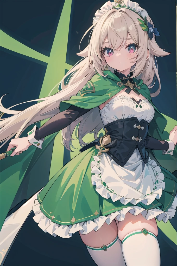 masterpiece, high quality, dragon girl, green skin, brown horns, long tail, hairy tip on tail, long black hair, black holes in shoulders, pink pupils, Tender smile, a white blouse, Long blue skirt, Brown boots, black sclera