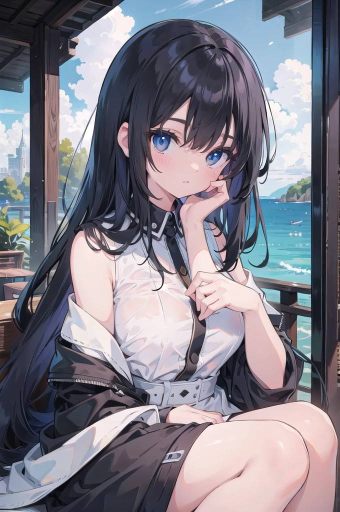a young woman with beautiful blue eyes, long wavy black hair with bangs, wearing casual clothing, a calico cat resting on her shoulder, highly detailed, photorealistic, 8k, award-winning quality, masterpiece, dramatic lighting, hyper-realistic, cinematic composition, vibrant colors, beautiful detailed eyes, beautiful detailed lips, extremely detailed face and portrait, intricate details, natural, serene, peaceful, calm atmosphere