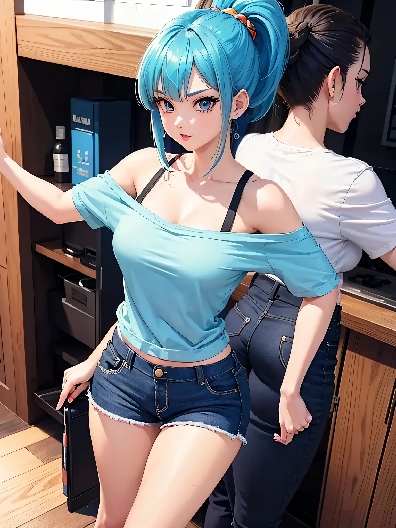 all realistic anime intricate details: "solo 1girl view, character: Bulma (Dragon Ball), features: perfect body with blue hair, Big and expressive eyes. outfit: very short and comfortable casual clothes, very sensual and seductive professional"