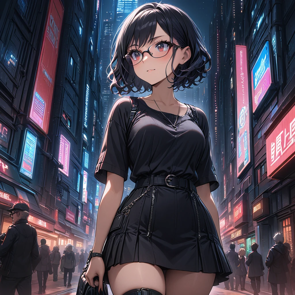 ****ung girl, red and black clothes, Very short skirt, short hair, wavy hair, black hair, glasses, old, neon city at night, high quality 
