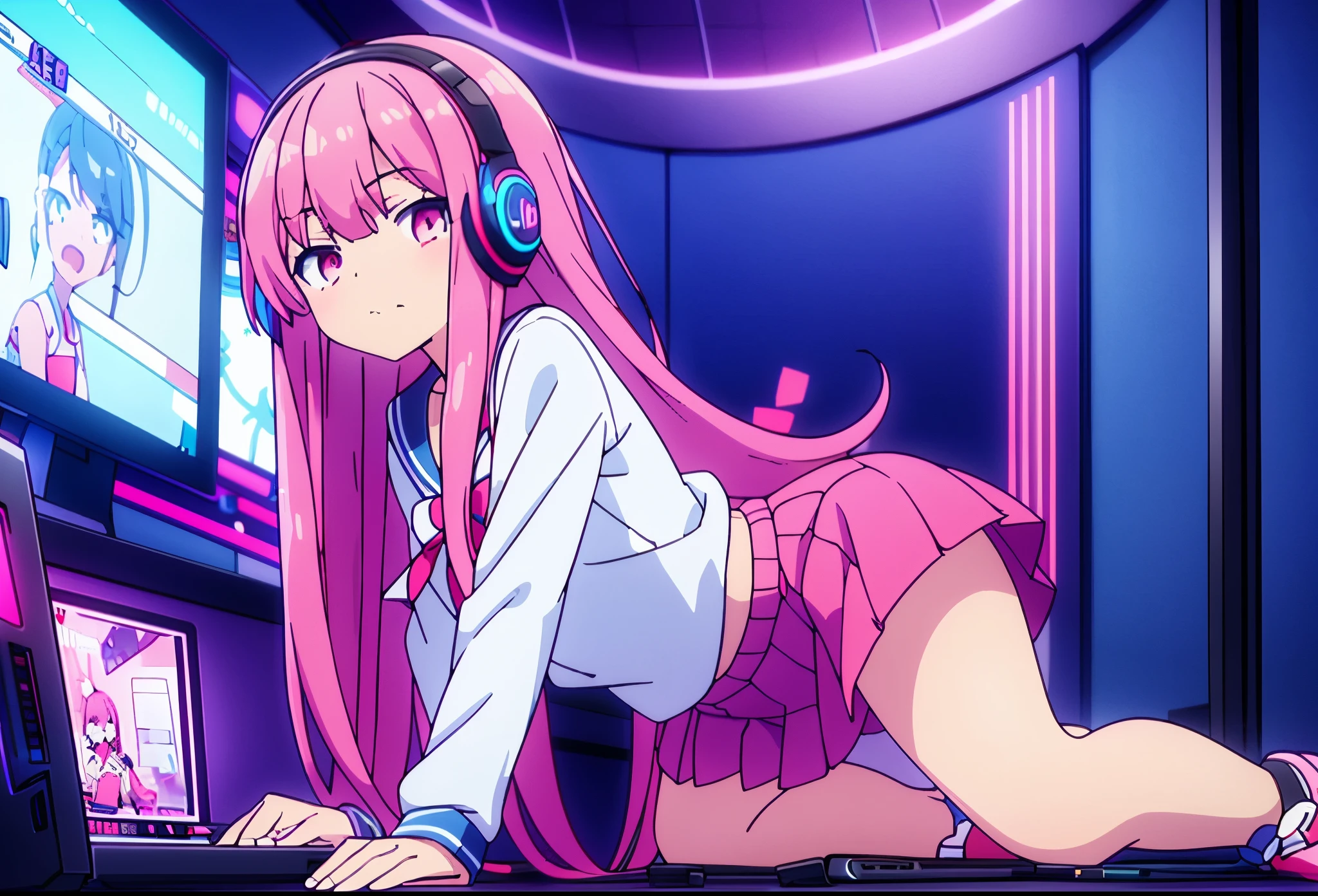 beautiful girl amazing quality 4k vtuber with red eyes, multi-colored hair blue and black with white ribbon, short pleated skirt, long sleeve sailor style blouse, long white stockings, pink tennis shoes with black, vtuber youtuber in the recording studio room, PC gamer in the background and cyberpunk LED lights
