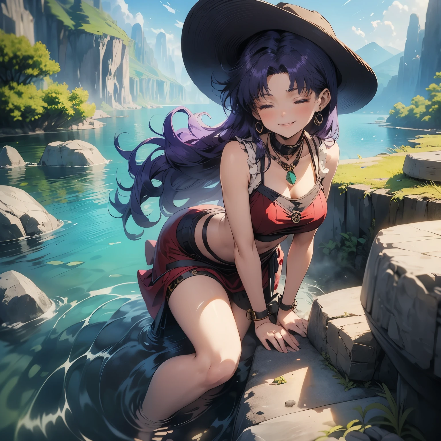 MC, ahoge, (long hari, purple hair:1.3), hair ornament, dark-blue eyes, anatomically correct, heavy breathing, mature female, 1girl, solo, breasts, looking at viewer, large breasts, long sleeves, sitting, thighs, outdoors, japanese clothes, sky, barefoot, day, cloud, wide sleeves, kimono, water, flower, spotlight, (bokeh:1.3) tree, legs, sash, bare legs, obi, crossed legs, nature, black kimono, short kimono, reflective, (fog:1.3), fireflies, hollow eyes, bright pupils, dark-blue eyes, looking at viewer. glowing eyes heavy breathing, seductive smile, (steaming face:1.3), blush face, lips,