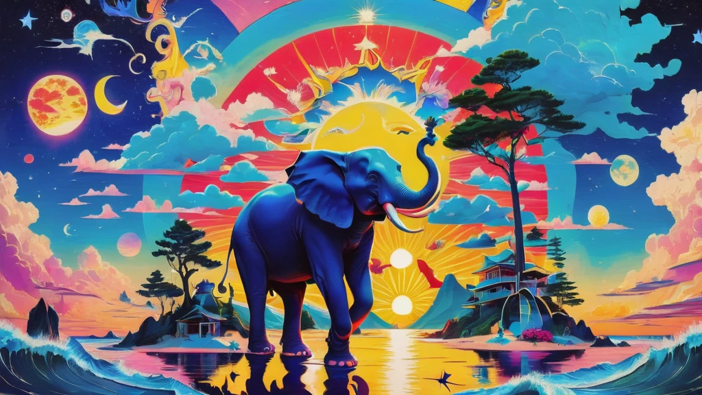 A vibrant and whimsical pop art graphic design featuring Mona Lisa wearing trendy sunglasses and cat ears, set against a backdrop of stylized Ukiyo-e waves, sky, and clouds, with a sun-kissed beach and a sea of colorful cats and octopuses scattered throughout. The scene is filled with eclectic elements, including floating clocks reminiscent of Salvador Dali, playful aliens and UFOs, a bright sun, stars, and a crescent moon, all blending together in a surreal and dreamlike atmosphere. Cute little monsters, sunflowers, and superstars add to the visual chaos, while nods to famous artists like Andy Warhol, Van Gogh, and Picasso are sprinkled throughout. Holy grail symbols, intricate line art, and woodblock print textures add depth and visual interest. A red bloom of flowers and an umbrella-toting elephant make a whimsical appearance, surrounded by bold, bright colors and playful patterns.