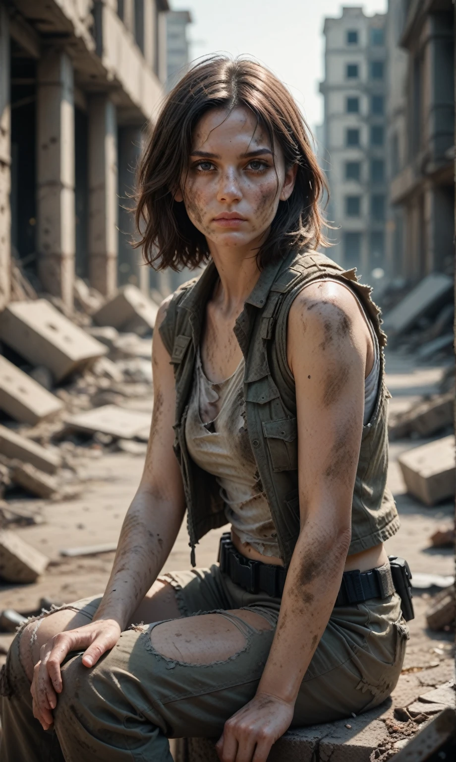 Post-apocalypse, thin middle-aged women, dirty clothes, torn vest, dirty military unloading, sits on ruins, destroyed city, gloomy photo, looks at viewer, depth of field, bokeh