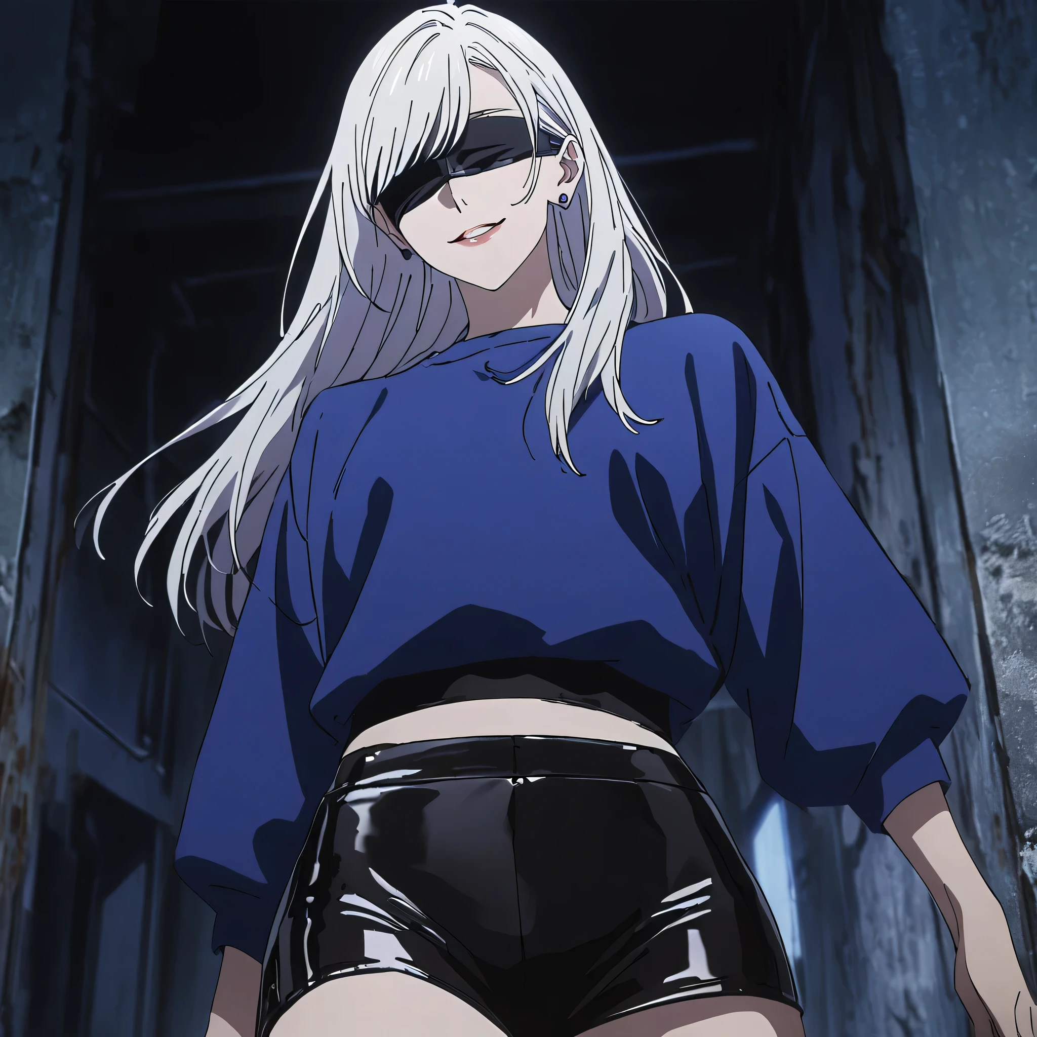 1 girl, woman gojo satoru, jujutsu kaisen anime screenshot, gojo satoru female version, Alone, long_Hair, ((wearing black blindfold)) ((white_Hair)), night vision, (hanging s) superior_body, smile, inside, book, Lips, (slightly straight Hair) ((He wears a blue shirt and latex shorts..)) , "very detailed and high resolution" (black blindfold) ((Alone)) (((Vista frontal))) (Earrings) ((high resolution)) ((good quality)) ((swept bangs))