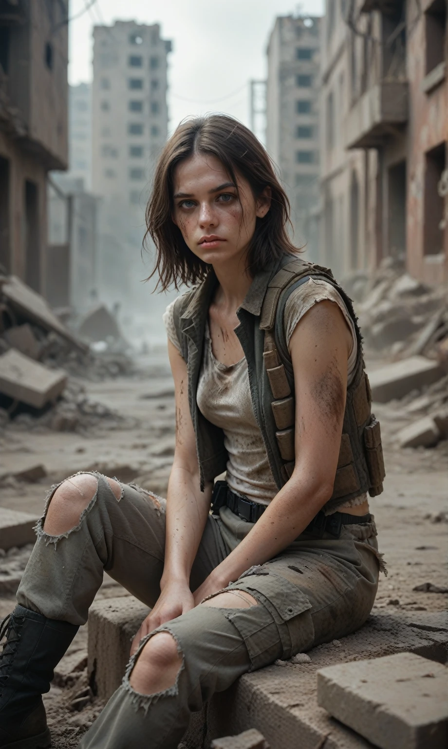 Post-apocalypse, thin middle-aged women, , dirty clothes, torn vest, dirty military unloading, sits on ruins, destroyed city, gloomy photo, looks at viewer, depth of field, bokeh