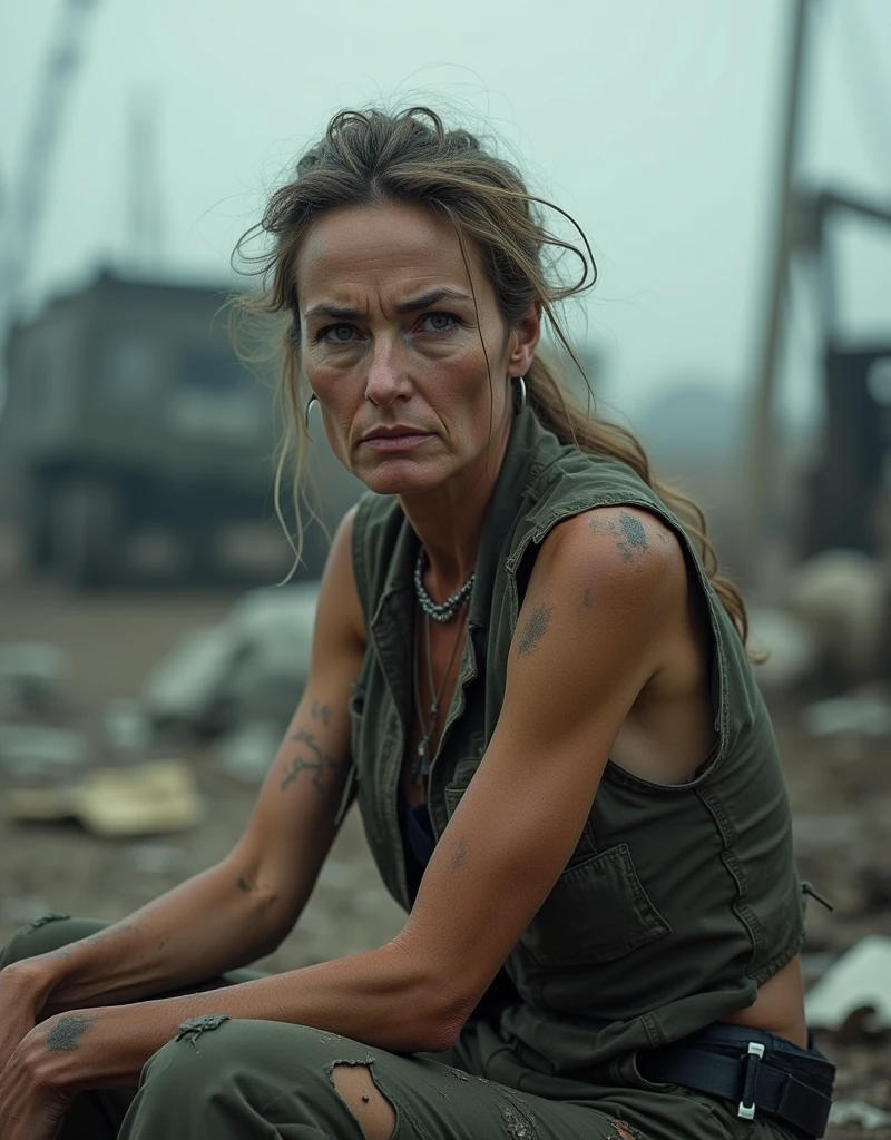 Create an image of a muscular man, athletic woman wearing rags and old woman, grimy, torn garments. She is a soldier in a war and desert environment. She has straight blonde hair and emo bangs, vibrant blue eyes, and flawless white skin. Despite being an experienced combatant, She's injured, Sweaty and tired, but continues to fight with determination. Use bright sunlight and desert sand to create a realistic scene, desolate atmosphere. Try different angles and perspectives to capture the essence of their bravery and resilience, and use a hot, earthy color palette to emphasize the dry, desert environment.