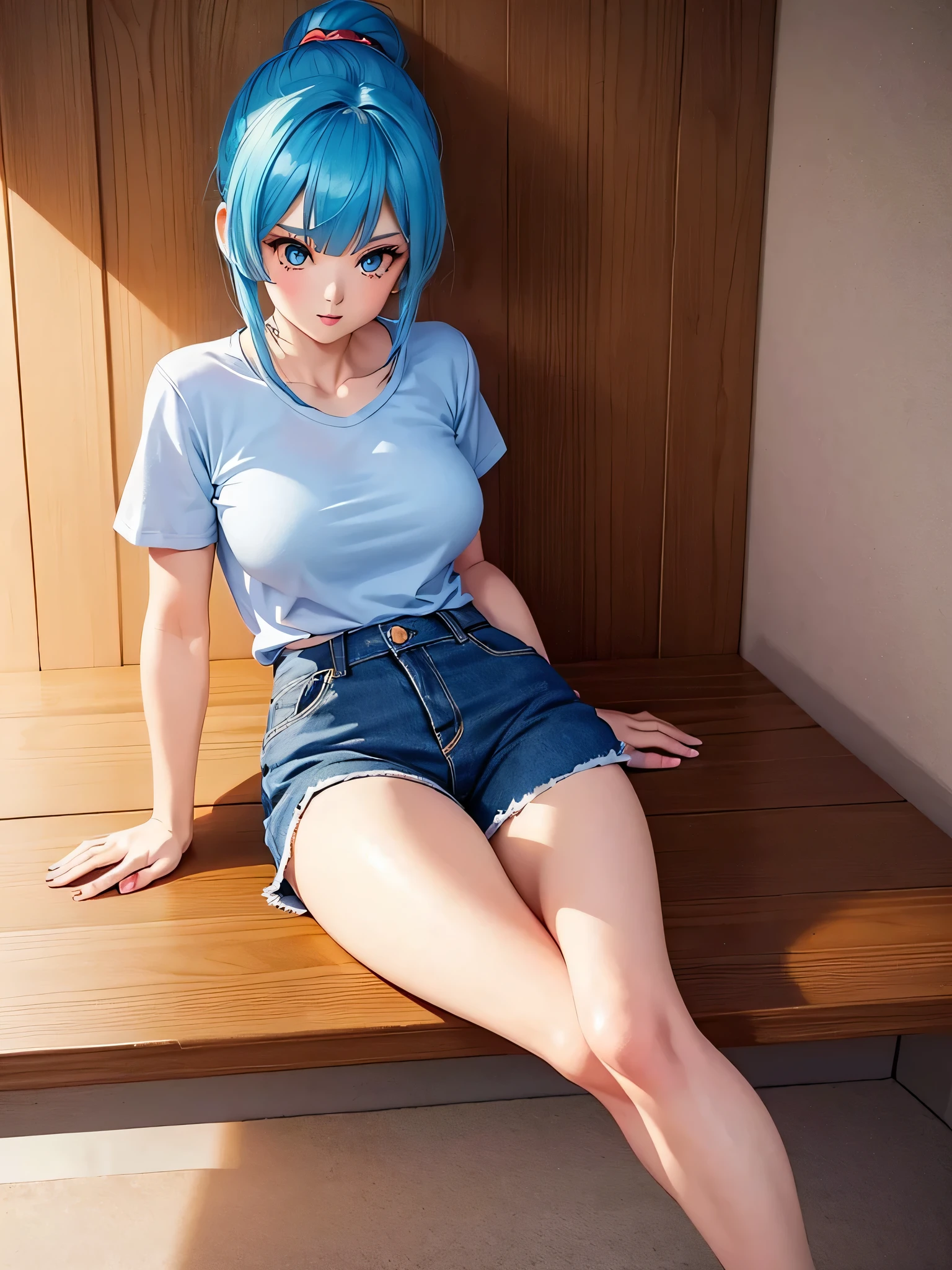 masterpiece, best quality, highest quality, (perfect illumination:1.4), (photorealistic), perfect anatomy, perfect face, perfect eyes, aqua hair, short hair,  blue eyes, earrings,(white panties:1.5), open legs