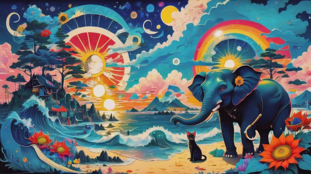 A vibrant and whimsical pop art graphic design featuring Mona Lisa wearing trendy sunglasses and cat ears, set against a backdrop of stylized Ukiyo-e waves, sky, and clouds, with a sun-kissed beach and a sea of colorful cats and octopuses scattered throughout. The scene is filled with eclectic elements, including floating clocks reminiscent of Salvador Dali, playful aliens and UFOs, a bright sun, stars, and a crescent moon, all blending together in a surreal and dreamlike atmosphere. Cute little monsters, sunflowers, and superstars add to the visual chaos, while nods to famous artists like Andy Warhol, Van Gogh, and Picasso are sprinkled throughout. Holy grail symbols, intricate line art, and woodblock print textures add depth and visual interest. A red bloom of flowers and an umbrella-toting elephant make a whimsical appearance, surrounded by bold, bright colors and playful patterns.